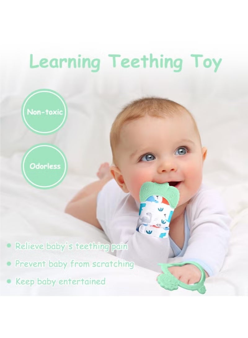 ColaBear 2Pcs Silicone Teething Mitten Set, Baby Teething Toy with Lion & Dinosaur Pattern, Toddler Teething Gloves with Adjustable Strap, Crinkle Sound, Self Soothing Baby Chew Toys for Infants (Green) - Image 3